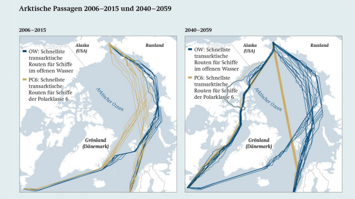Schifffahrtsrouten durch die Arktis sind auf einer Karte markiert. Durch den Rückgang des Eises dürften bald deutlich schnellere Routen möglich werden.