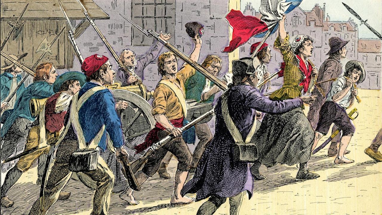 Eine Illustration von Henri Grobet zeigt Revolutionär wie sie 1789 in Frankreich durch die Straßen ziehen. Eine Illustration von Henri Grobet zeigt Revolutionär wie sie 1789 in Frankreich durch die Straßen ziehen.