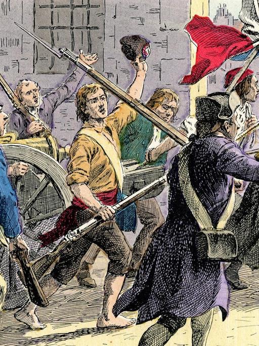 Eine Illustration von Henri Grobet zeigt Revolutionär wie sie 1789 in Frankreich durch die Straßen ziehen.