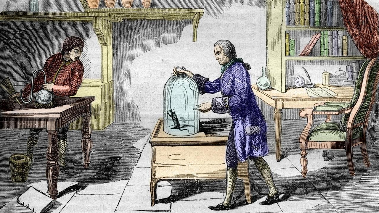 Historische Gravur, sie zeigt einen Mann in Kleidung des 18. Jahrhunderts, der eine Maus in einem Glasbehälter betrachtet. Historische Gravur, sie zeigt einen Mann in Kleidung des 18. Jahrhunderts, der eine Maus in einem Glasbehälter betrachtet.