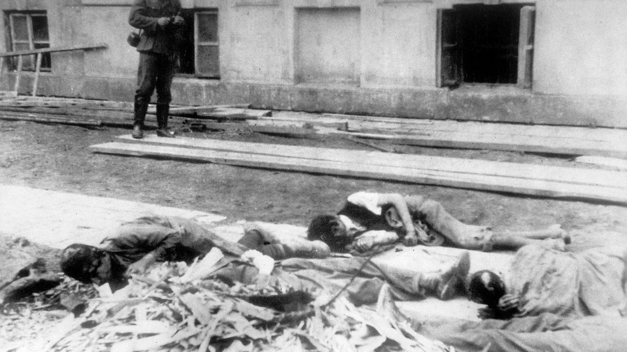 Das am 27. November 2001 vom Hamburger Institut für Sozialforschung veröffentlichte Foto zeigt hingerichtete Opfer der jüdischen Bevölkerung beim Pogrom im polnischen Tarnopol (undatierte Aufnahme, zwischen 1941 und 1944). Das Foto war in der Wehrmachtsausstellung über die Verbrechen der Wehrmacht zwischen 1941 und 1944 zu sehen.