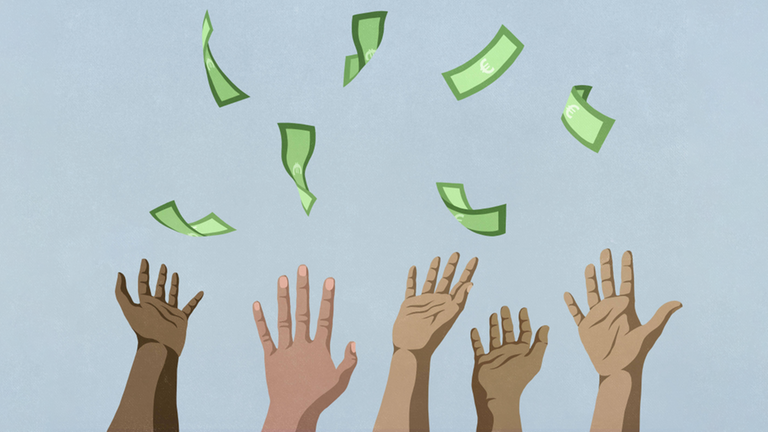 Illustration: Unterschiedliche Hände greifen nach Geld, das vom Himmel fällt. Illustration: Unterschiedliche Hände greifen nach Geld, das vom Himmel fällt.