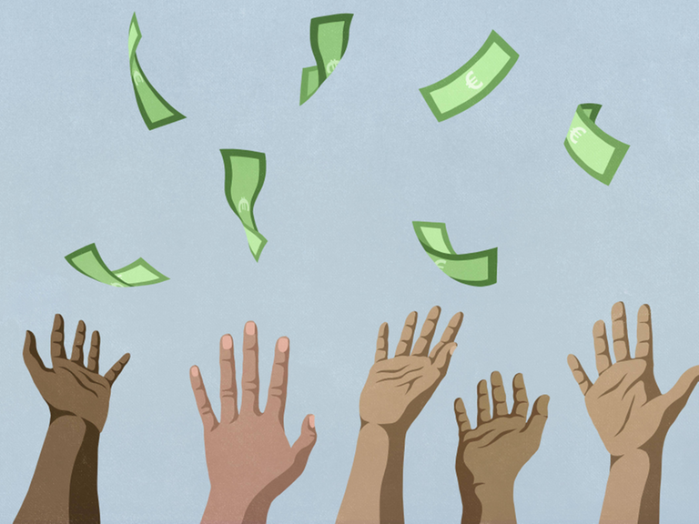 Illustration: Unterschiedliche Hände greifen nach Geld, das vom Himmel fällt.