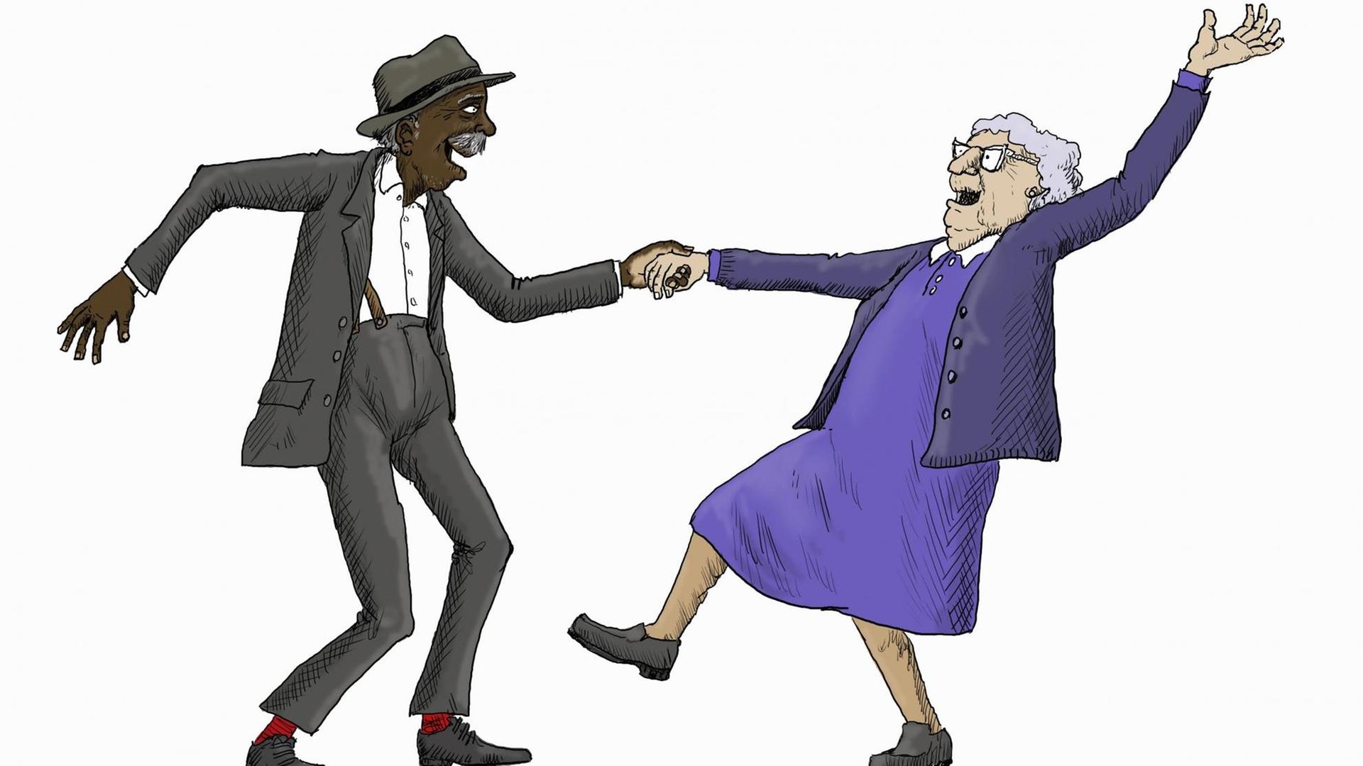 Ein altes Paar hat Spaß beim Jive-Tanz Ein altes Paar hat Spaß beim Jive-Tanz