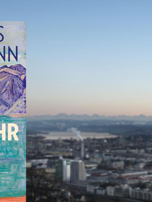 Cover des Buches "Heimkehr" von Thomas Hürlimann, im Hintergrund: eine Stadtansicht von Zürich mit dem Zürichsee, am Horizont sind die Schweizer Alpen zu sehen.