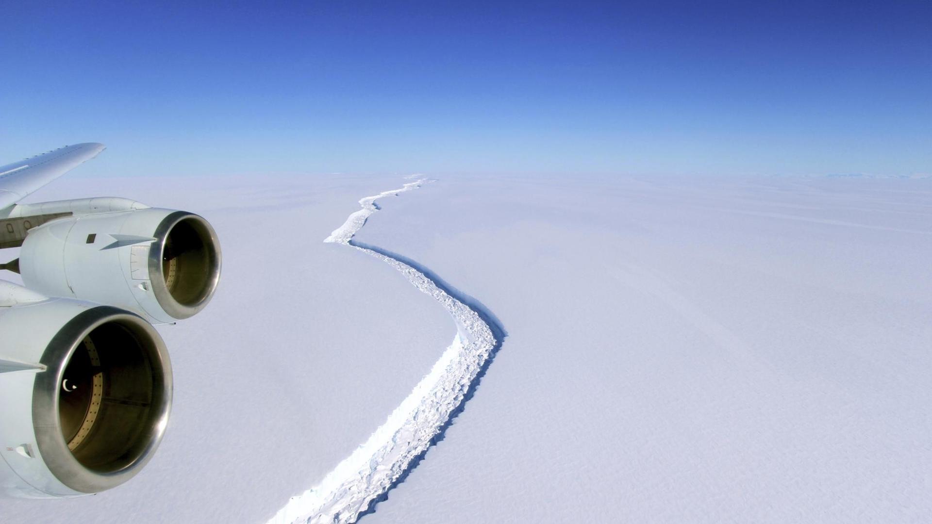 Ein gewaltiger Riss im sogenannten Larsen-C-Schelfeis in der Antarktis trennt das Eis zunehmend vom Festland. So könnte dort bald ein neuer riesiger Eisberg entstehen. (Aufnahme vom 10.11.2016).