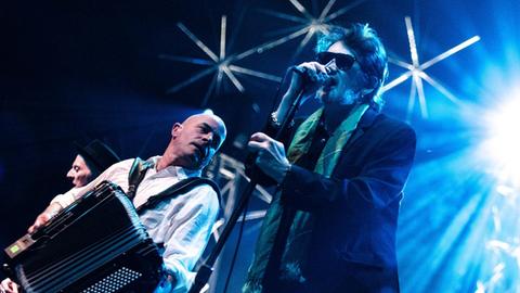 Das Foto zeigt zwei Mitglieder der Folk-Punkband The Pogues bei einem Konzert, 2012: James Fearnley (links im Bild) und Shane MacGowan.