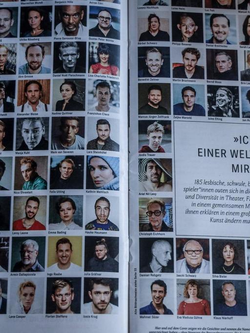 "Süddeutsche Zeitung Magazin" vom 5.Februar 2021: Die Gesichter von vielen Schauspielende, die sich als lesbisch, schwul, bisexuell, queer, nicht binär und trans outen, sind auf einer Seite des Magazins abgebildet. Die Überschrift lautet: "Ich komme aus einer Welt, die mir nicht von mir erzählt hat."