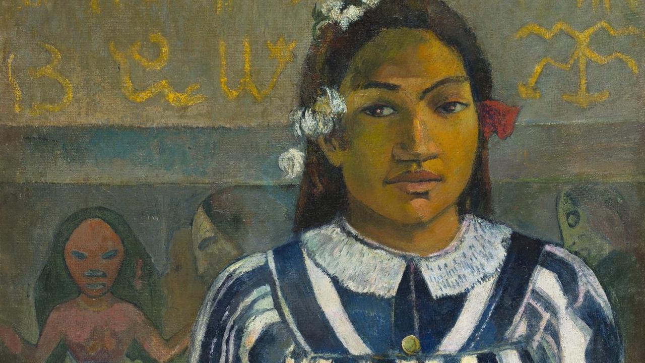 Ein junges Mädchen in einem blau-weißen Kleid portraitiert von Gauguin. Ein junges Mädchen in einem blau-weißen Kleid portraitiert von Gauguin.
