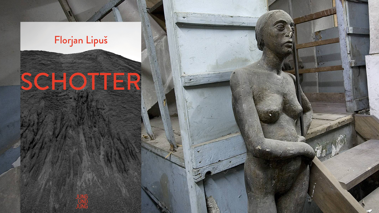 Buchcover von Florjan Lipuš' Roman "Schotter". Im Hintergrund Skulpturen von Künstlern die heute im ehemaligen Konzentrationslager Staro Sajmiöte in Belgrad ihre Ateliers haben