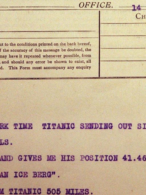A telegraph message from a ship called Olympic reports that it has received word from the Titanic that it has struck an iceberg. The message is one of several similar messages from ships in the vicinity of the Titanic detailing the events leading up to it's sinking which were on display 13 February at Christie's East in New York City and will be auctioned as part of a Maritime auction on 17 February. dpa |