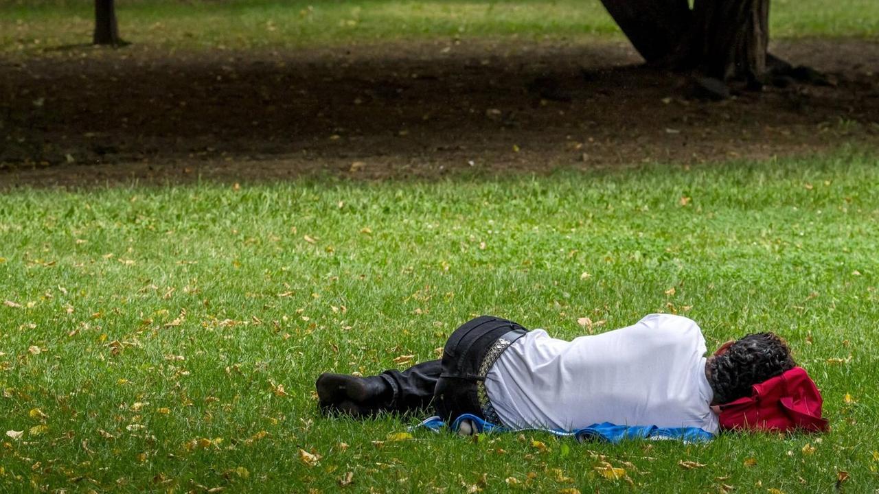 Ein Mann schläft in einem Park auf einer Wiese. Ein Mann schläft in einem Park auf einer Wiese.