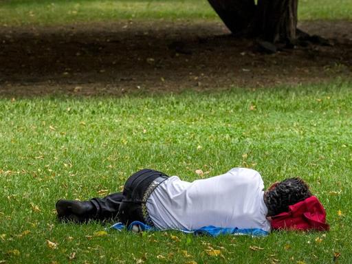 Ein Mann schläft in einem Park auf einer Wiese.