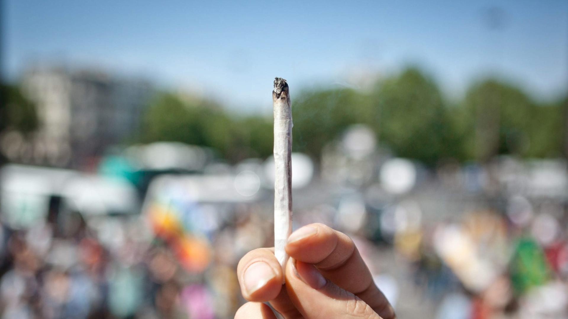 Eine Frau hält einen Joint in der Hand auf dem "Marche mondiale du Canabis" in Paris. Eine Frau hält einen Joint in der Hand auf dem "Marche mondiale du Canabis" in Paris.