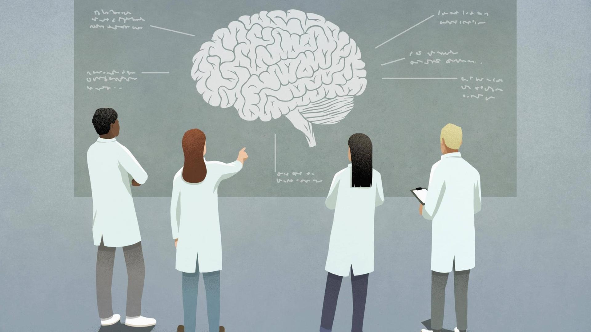 Illustration: Wissenschaftler diskutieren vor einer Tafel mit dem Diagramm eines Gehirns. Illustration: Wissenschaftler diskutieren vor einer Tafel mit dem Diagramm eines Gehirns.