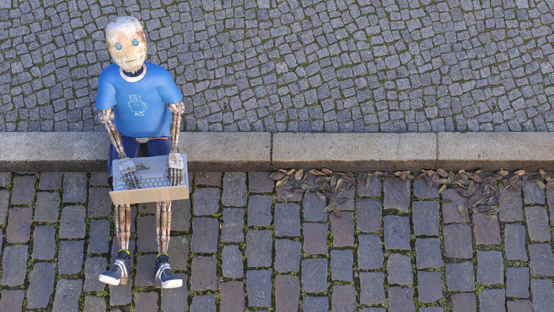 Ein Roboter sitzt mit einem Laptop auf dem Bordstein und guckt nach oben in die Kamera. Ein Roboter sitzt mit einem Laptop auf dem Bordstein und guckt nach oben in die Kamera.