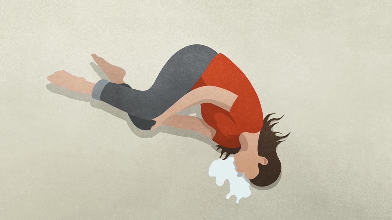 Illustration: Eine Frau liegt mit angewinkelten Beinen auf dem Boden und weint. Illustration: Eine Frau liegt mit angewinkelten Beinen auf dem Boden und weint.