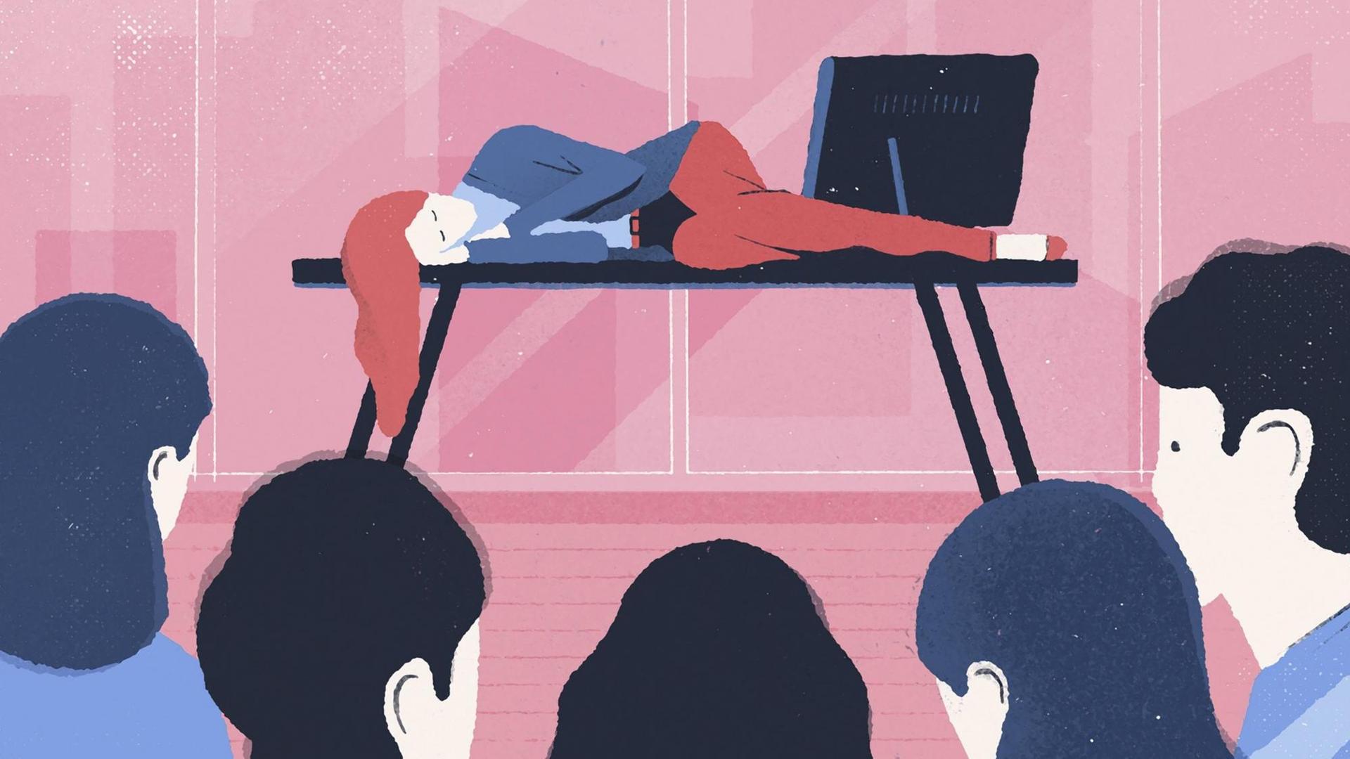 Die Illustration zeigt eine schlafende Frau, auf einem Tisch liegend. Neben ihr steht ein Computer. Im Vordergrund sind fünf Personen zu sehen, die sie beobachten. Die Illustration zeigt eine schlafende Frau, auf einem Tisch liegend. Neben ihr steht ein Computer. Im Vordergrund sind fünf Personen zu sehen, die sie beobachten.