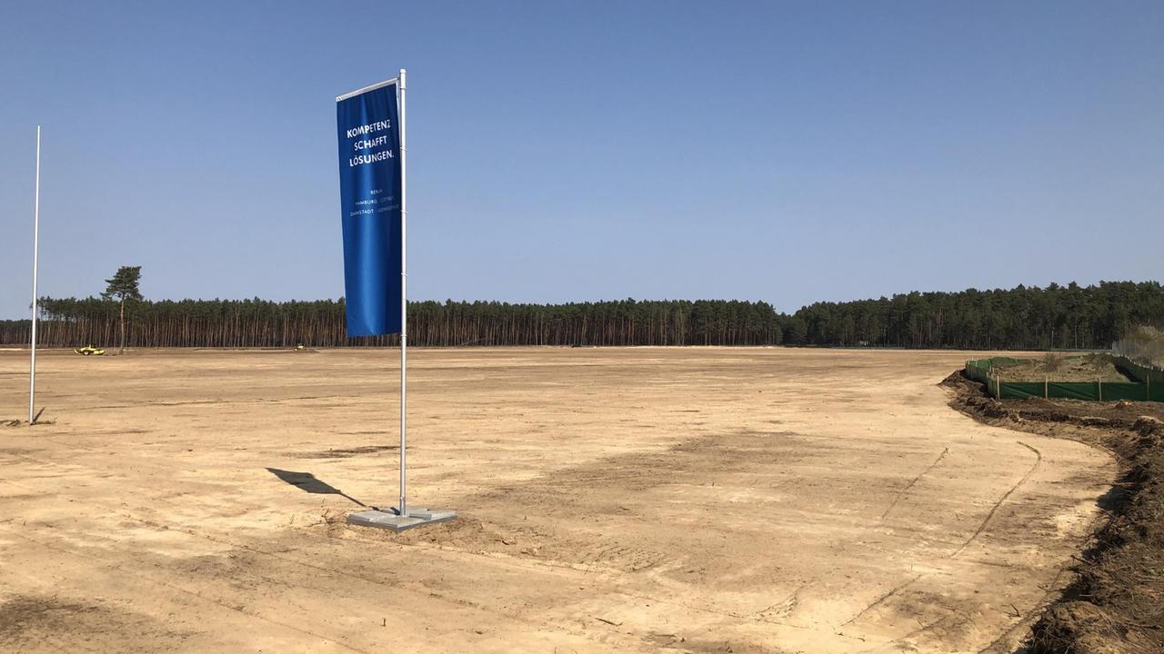 Gerodete Fläche, darauf eine blauer Aufsteller-Flagge mit der Aufschrift "Kompetenz schafft Lösungen", im Hintergrund Kiefernwald. Gerodete Fläche, darauf eine blauer Aufsteller-Flagge mit der Aufschrift "Kompetenz schafft Lösungen", im Hintergrund Kiefernwald.