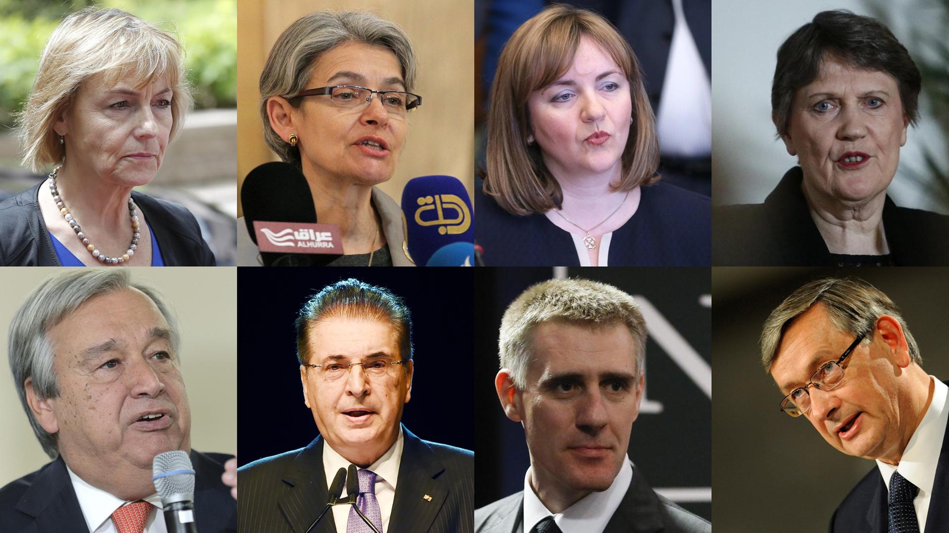 Die Kandidaten für das Amt des UNO-Generalsekretärs (v.l.n.r): Vesna Pusic, Irina Bokova, Natlais Gherman, Helen Clark. Untere Reihe (v.l.): Antonio Guterres, Srgjan Kerim, Igor Luksic, Danilo Türk. Die Kandidaten für das Amt des UNO-Generalsekretärs (v.l.n.r): Vesna Pusic, Irina Bokova, Natlais Gherman, Helen Clark. Untere Reihe (v.l.): Antonio Guterres, Srgjan Kerim, Igor Luksic, Danilo Türk.