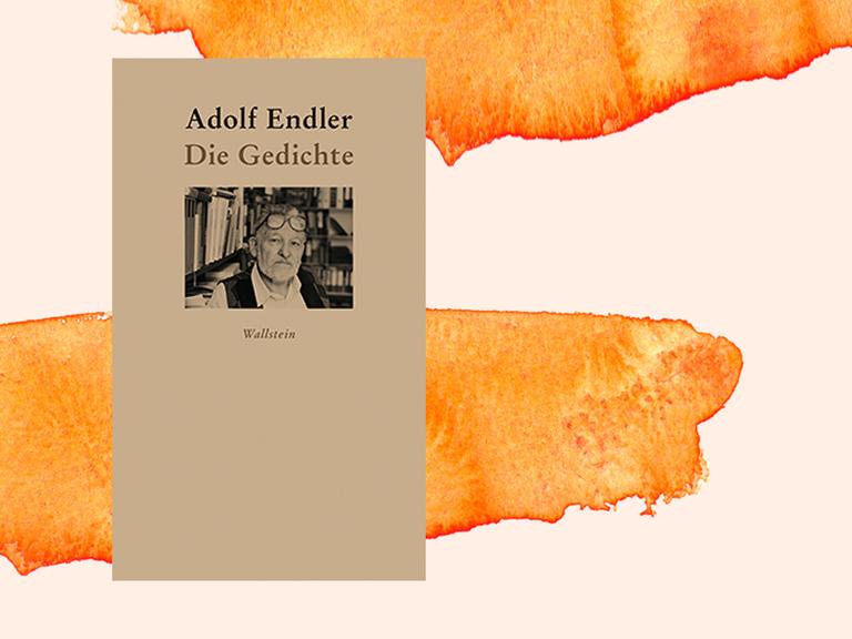 Auf orange-weißem Hintergrund ist das Cover zu sehen. Auf einem kleinen Foto ist Adolf Endler auf einem schwarz-weiß Foo zu sehen, die Brille auf die Stirn geschoben. Darüber steht "Adolf Endler" und in der nächsten Zeilen "Die Gedichte"