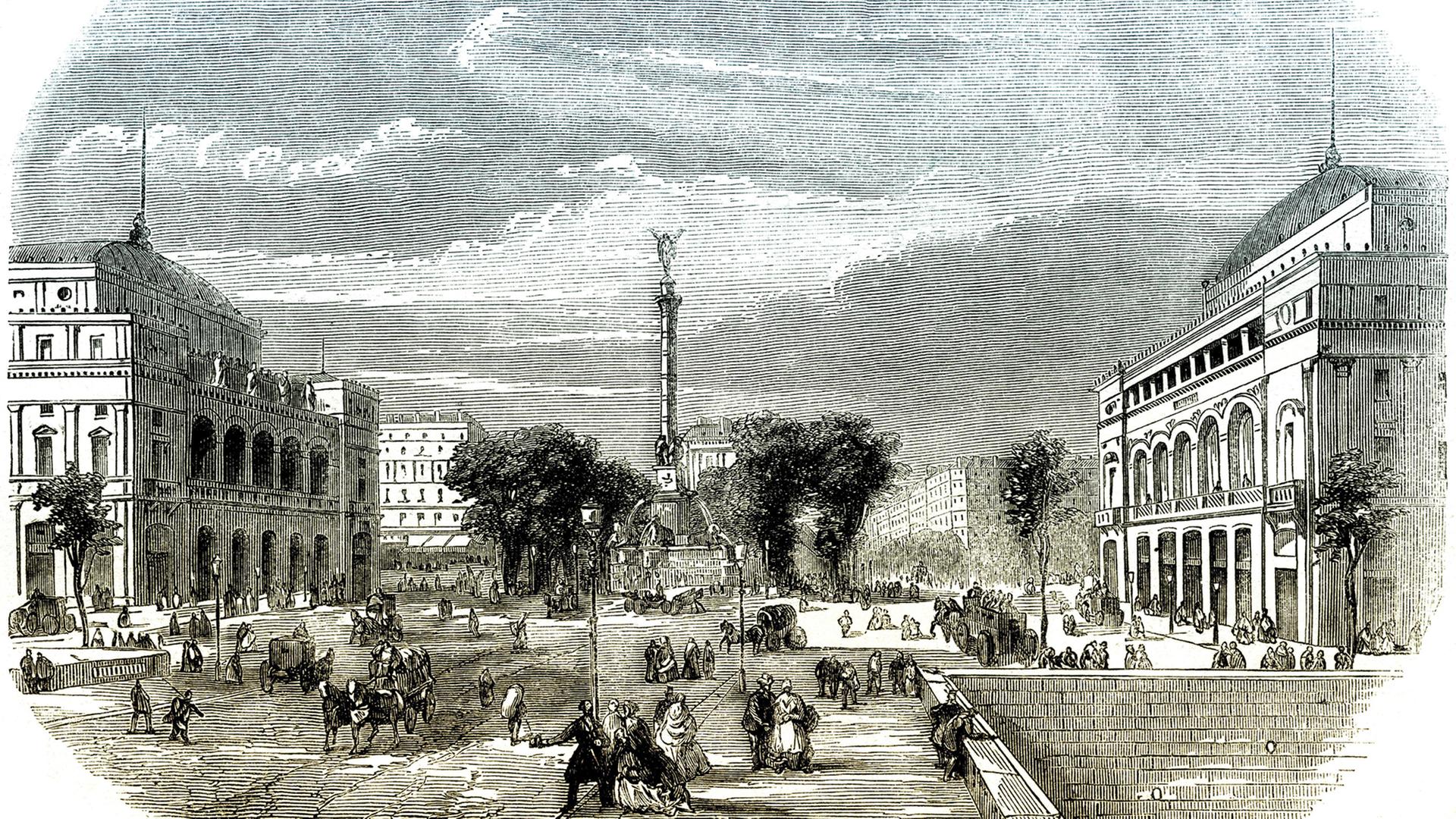 Historische Zeichnung: Paris, Place du Châtelet, die Siegessäule du Palmier, das Théâtre du Châtelet und Théâtre de la Ville von Gabriel Davioud, Frankreich, um 1860. Historische Zeichnung: Paris, Place du Châtelet, die Siegessäule du Palmier, das Théâtre du Châtelet und Théâtre de la Ville von Gabriel Davioud, Frankreich, um 1860.