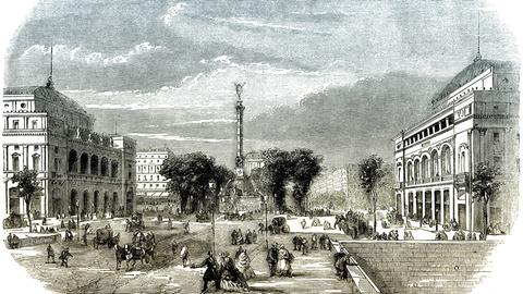 Historische Zeichnung: Paris, Place du Châtelet, die Siegessäule du Palmier, das Théâtre du Châtelet und Théâtre de la Ville von Gabriel Davioud, Frankreich, um 1860.