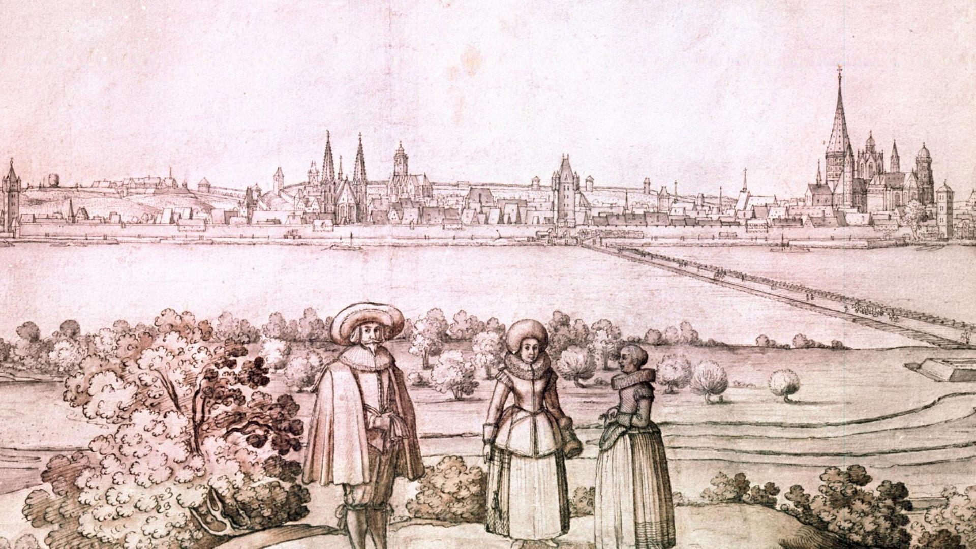 Eine Zeichnung von Vaclav Hollar mit der Sicht auf Mainz, ca. 1632