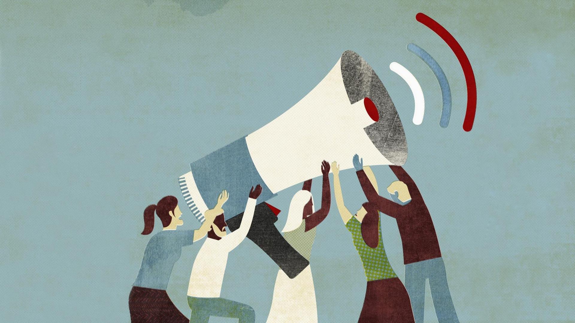 Illustration einer Gruppe von Menschen, die zusammen ein großes Megafon hält Illustration einer Gruppe von Menschen, die zusammen ein großes Megafon hält
