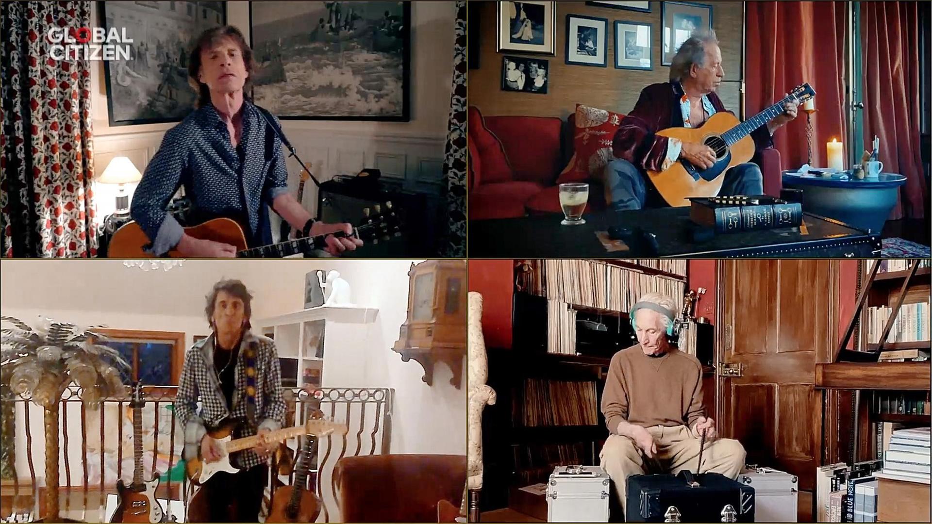 Die Mitglieder der Rolling Stones spielen beim Konzert "One World: Together At Home" jeweils von zu Hause aus "You Can't Always Get What You Want". Die Mitglieder der Rolling Stones spielen beim Konzert "One World: Together At Home" jeweils von zu Hause aus "You Can't Always Get What You Want".