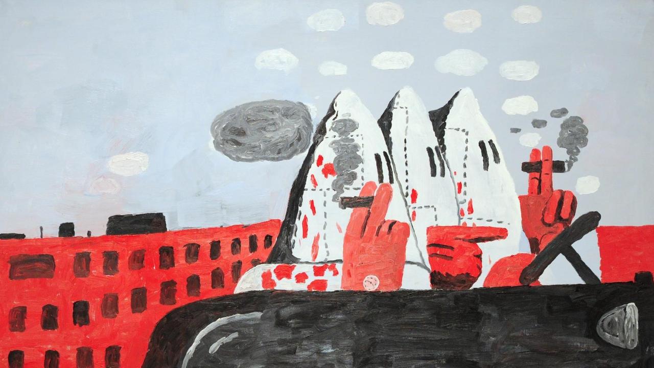 Das Werk "Riding Around" des Malers Philip Guston aus dem Jahr 1969. Es zeigt expressionistisch drei Menschen in Ku-Klux-Klan-Kluft, die Zigarren rauchend in einem Gefährt durch eine Stadt fahren. Das Werk "Riding Around" des Malers Philip Guston aus dem Jahr 1969. Es zeigt expressionistisch drei Menschen in Ku-Klux-Klan-Kluft, die Zigarren rauchend in einem Gefährt durch eine Stadt fahren.