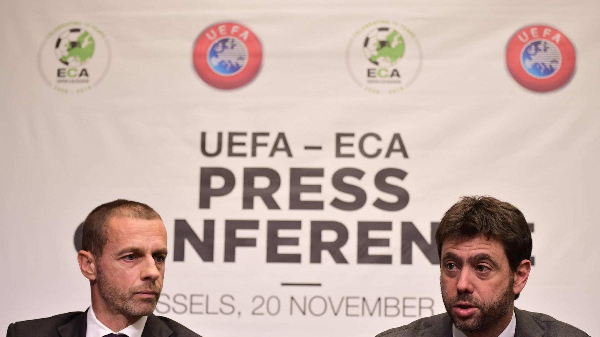 UEFA-Präsident Aleksander Ceferin und der ECA-Vorsitzende Andrea Agnelli bei einer Pressekonferenz in Brüssel am 20.11.2018
