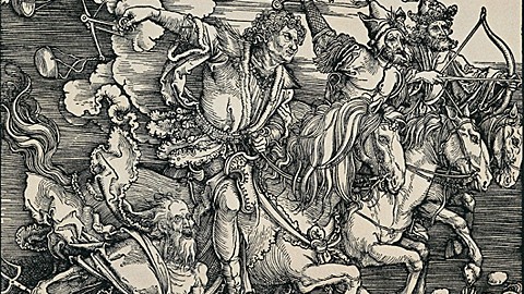 Holzschnitt von Albrecht Dürer aus dem Jahr 1498 mit der Darstellung der apokalyptischen Reiter.