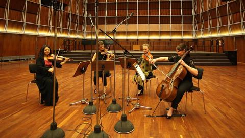 Das Quartett aus vier jungen Musikerinnen sitzt in einem leer geräumten Konzertsaal.