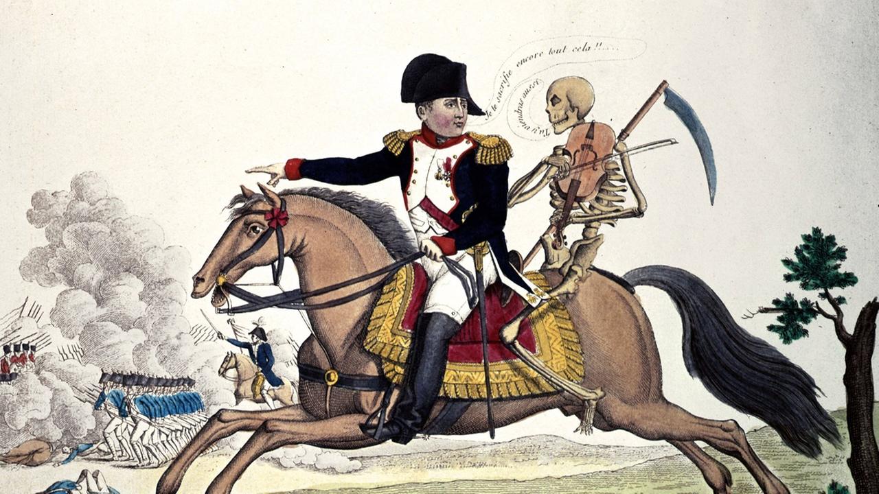 Zeitgenössiche Karikatur als historischer Stich: Napoleon bei der Schlacht von Waterloo 1815, hinter ihm sitzt ein Gerippe mit Sense mit auf dem Pferd