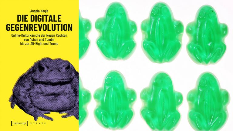 Buchcover Angela Nagle "Die digitale Gegenrevolution" - im Hintergrund grüne Weingummi-Frösche Buchcover Angela Nagle "Die digitale Gegenrevolution" - im Hintergrund grüne Weingummi-Frösche