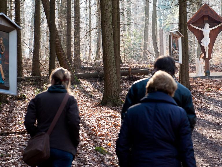 Pilger laufen auf dem Kreuzweg im Härtelwald der Saar-Gemeinde Marpingen. Jedes Jahr reisen rund 60 000 Gläubige hierher, um an dem Marien-Erscheinungsort zur Muttergottes zu beten.