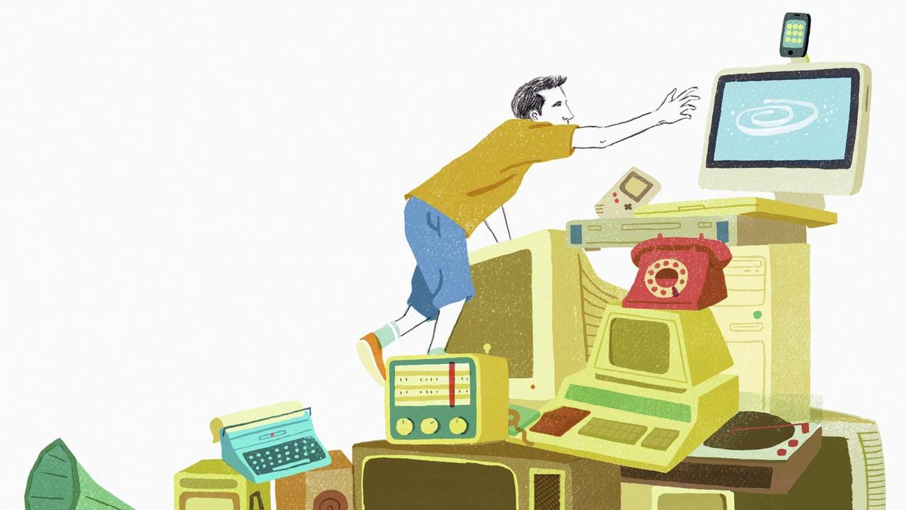 Mann klettert über Stapel alter Technologie zu einem modernen Computer Mann klettert über Stapel alter Technologie zu einem modernen Computer