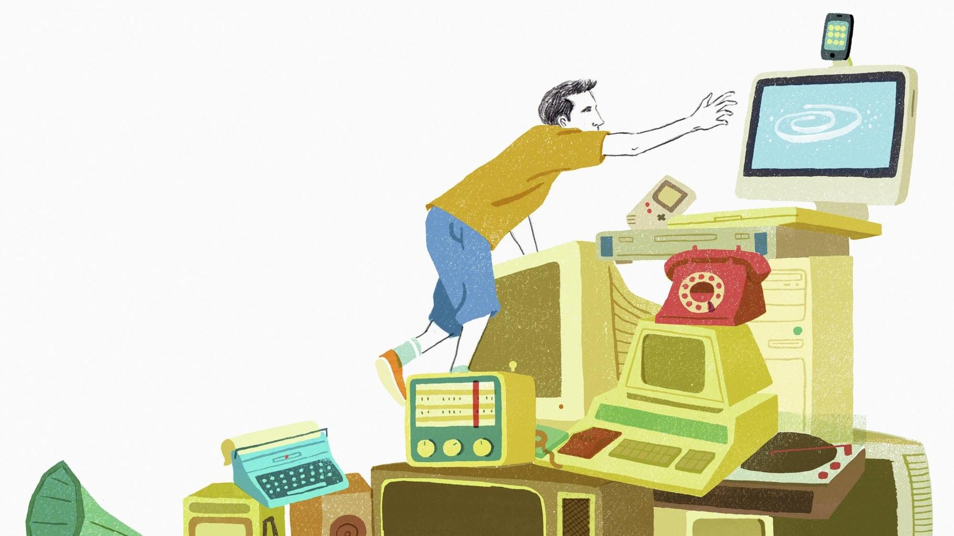 Mann klettert über Stapel alter Technologie zu einem modernen Computer Mann klettert über Stapel alter Technologie zu einem modernen Computer