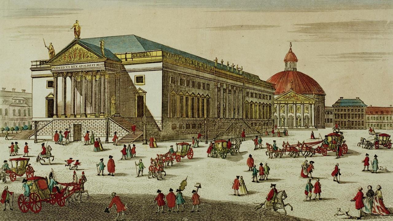 Guckkastenblatt mit Kupferstich der Berliner Staatsoper Unter den Linden um 1750.