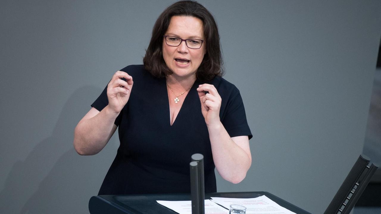 Andrea Nahles, Vorsitzende der SPD-Bundestagsfraktion, spricht bei der Plenarsitzung im Deutschen Bundestag. Andrea Nahles, Vorsitzende der SPD-Bundestagsfraktion, spricht bei der Plenarsitzung im Deutschen Bundestag.