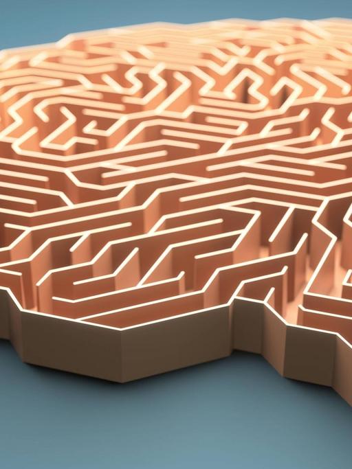 Illustration eines menschlichen Gehirns als Labyrinth, aus der ein Mensch heraus läuft.