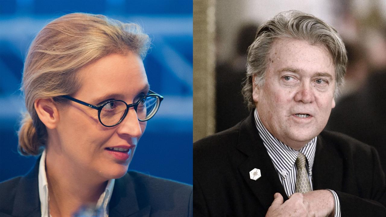 Links: Alice Weidel, Fraktionsvorsitzende der AfD im Bundestag, sitzt am 02.12.2017 beim Bundesparteitag der Alternative für Deutschland im HCC Hannover Congress Centrum in Hannover (Niedersachsen).
Rechts: Das Bild zeigt Steve Bannon, den Chefstrategen von US-Präsident Trump. Links: Alice Weidel, Fraktionsvorsitzende der AfD im Bundestag, sitzt am 02.12.2017 beim Bundesparteitag der Alternative für Deutschland im HCC Hannover Congress Centrum in Hannover (Niedersachsen).
Rechts: Das Bild zeigt Steve Bannon, den Chefstrategen von US-Präsident Trump.