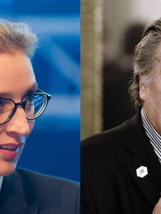 Links: Alice Weidel, Fraktionsvorsitzende der AfD im Bundestag, sitzt am 02.12.2017 beim Bundesparteitag der Alternative für Deutschland im HCC Hannover Congress Centrum in Hannover (Niedersachsen). Rechts: Das Bild zeigt Steve Bannon, den Chefstrategen von US-Präsident Trump.
