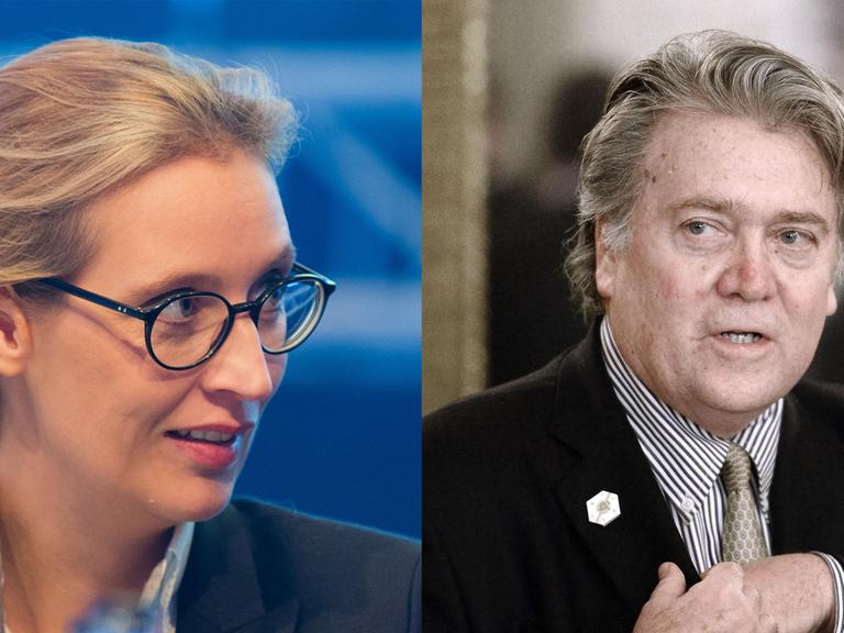 Links: Alice Weidel, Fraktionsvorsitzende der AfD im Bundestag, sitzt am 02.12.2017 beim Bundesparteitag der Alternative für Deutschland im HCC Hannover Congress Centrum in Hannover (Niedersachsen). Rechts: Das Bild zeigt Steve Bannon, den Chefstrategen von US-Präsident Trump.