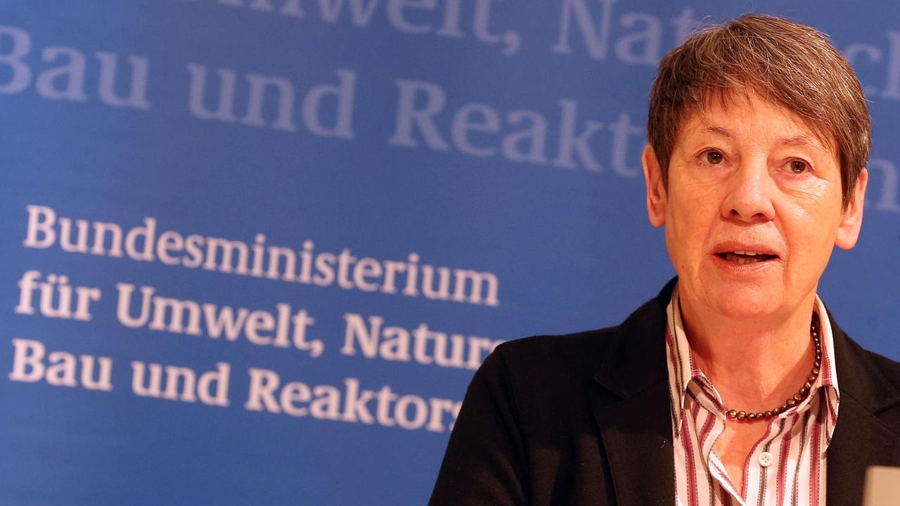 Hendricks spricht vor einer blauen Wand mit dem Schriftzug ihres Ministeriums. Hendricks spricht vor einer blauen Wand mit dem Schriftzug ihres Ministeriums.