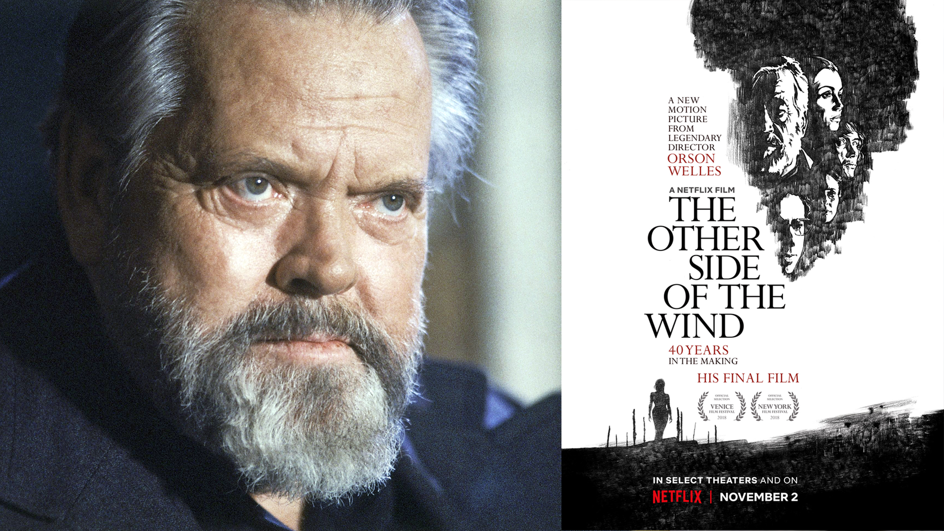 Orson Welles im Porträt und das Filmplakat zu "The Other Side Of The Wind", der beim Filmfestival in Venedig uraufgeführt wird