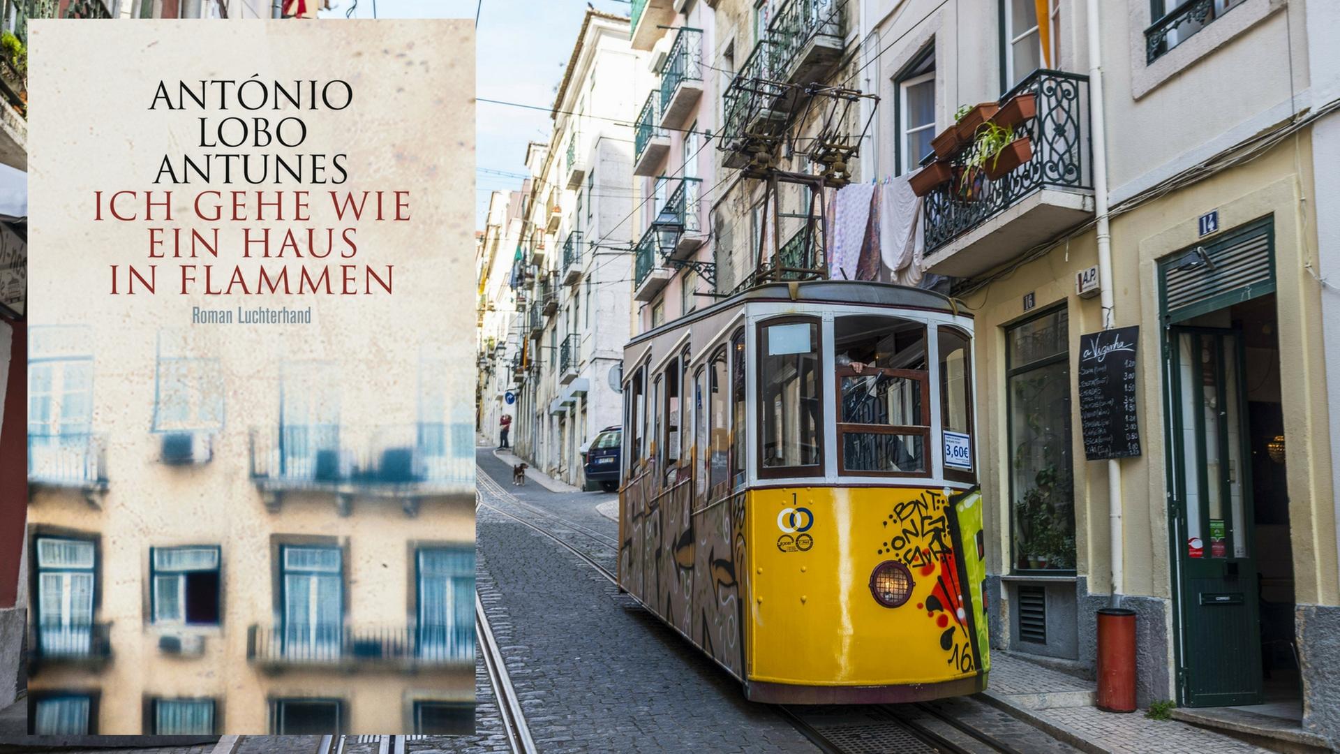 Zu sehen ist eine Straßenbahn, die eine Straße in Lissabon hinauffährt.