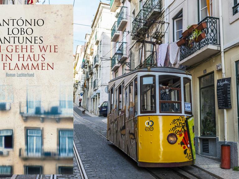 Zu sehen ist eine Straßenbahn, die eine Straße in Lissabon hinauffährt.