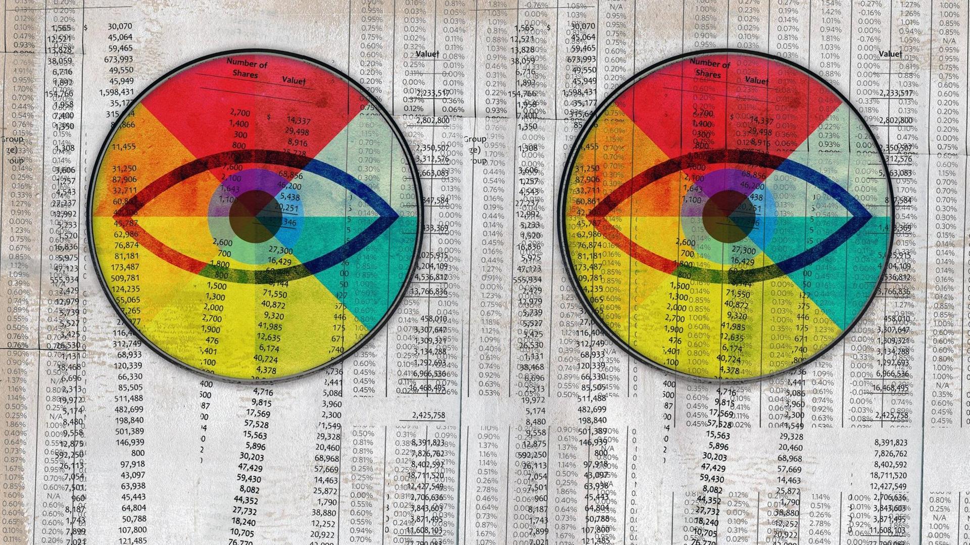 Illustration von zwei Augen die einen anschauen, mit einem Farbkranz um die Pupillen. Auf Zeitungspapier mit vielen Zahlen.